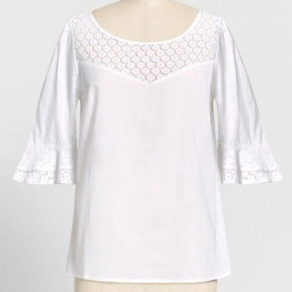 Modcloth White Cotton Short Sleeve Blouse Puff Sleeves Daisy Print Lace M - Picture 1 of 13